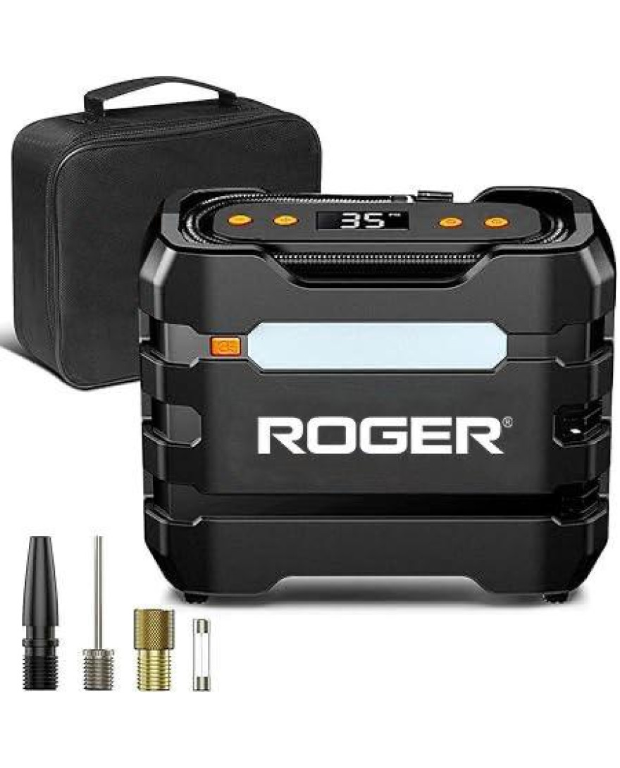Roger Portable 12V DC Air Compressor Pump with Digital Gauge, Auto Shut-Off & LED Light | Tyre Inflator | OB 285